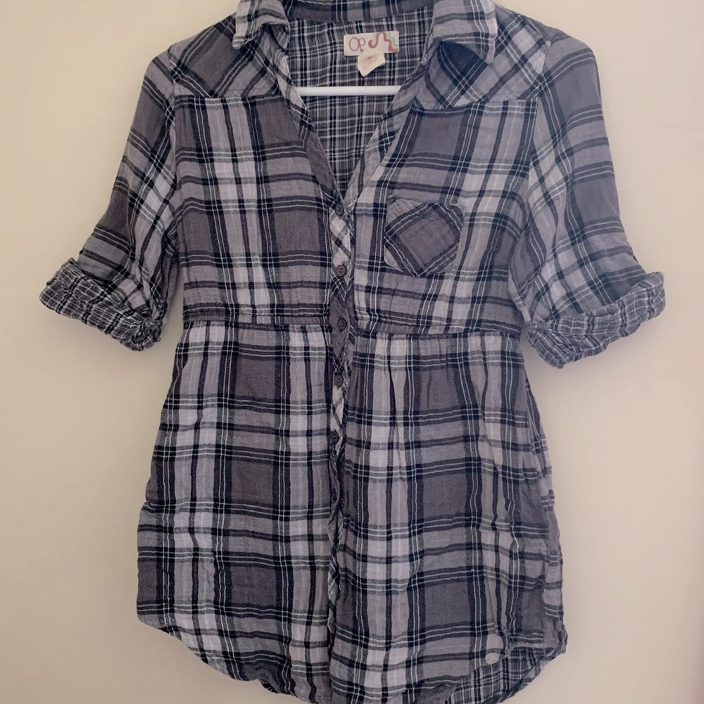 Gray Plaid Button Up Blouse
